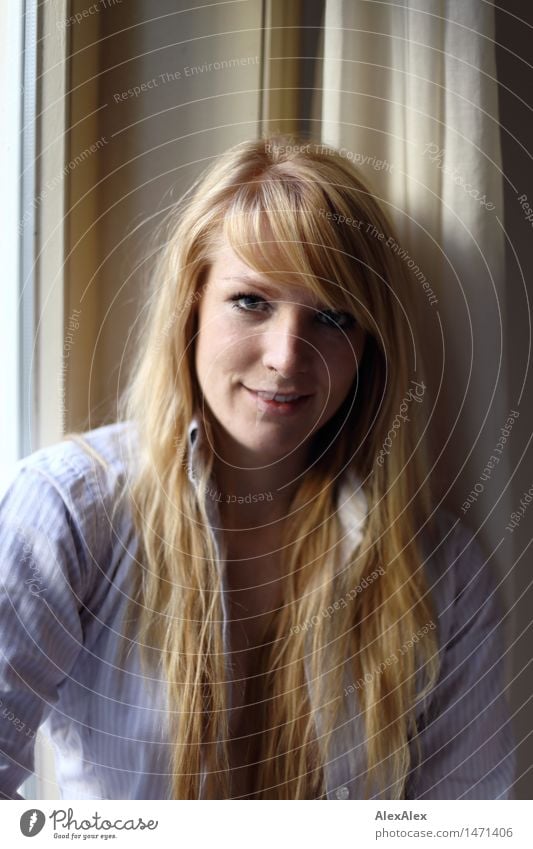 Portrait einer jungen, blonden Frau an einem Fenster schön harmonisch Wohlgefühl Wohnung Junge Frau Jugendliche Haare & Frisuren Gesicht 18-30 Jahre Erwachsene