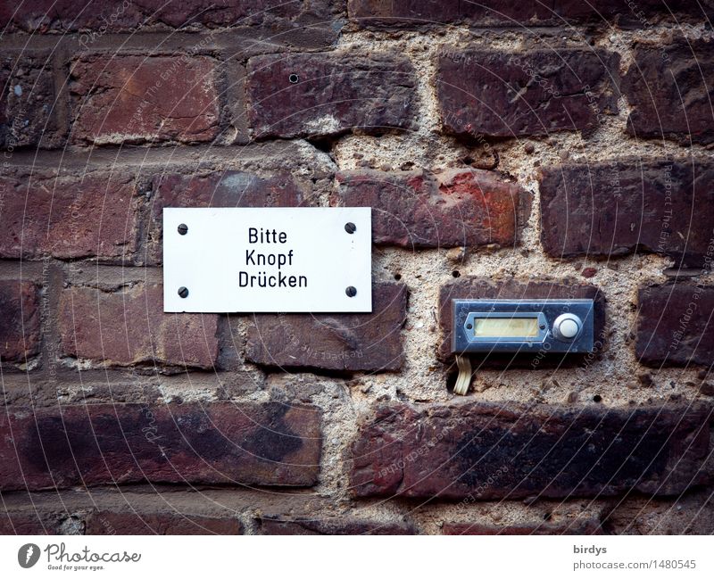 Alte Hastürklingel und Schild mit der Aufschrift " Bitte Knopf drücken " Klingel Haustürklingel Klingelknopf Klingelschild alt Wohnung Mauer Wand Eingang