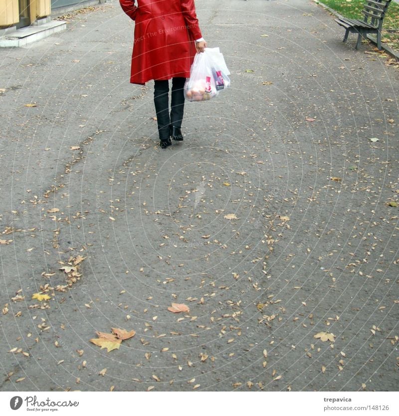 rot Frau Blatt kaufen Tasche Beutel Mantel Asphalt Mensch Plastiktüte Sack Herbst Straße Einsamkeit Beine laufen