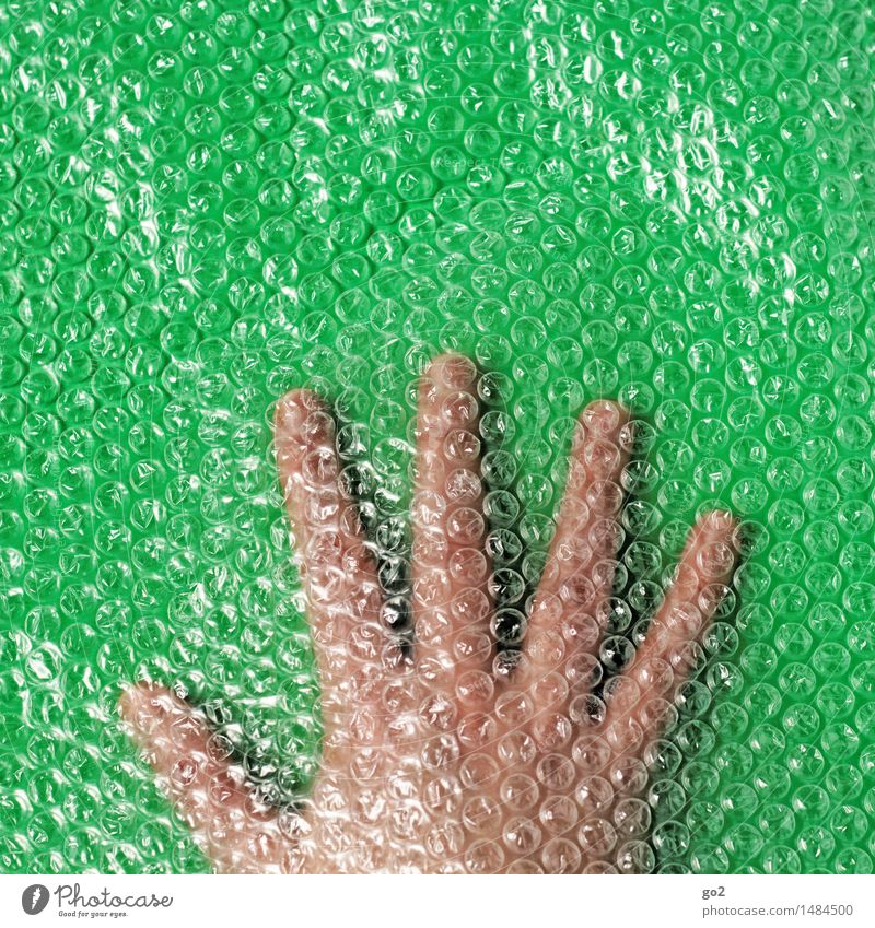 Sicher verpackt Mensch Erwachsene Hand Finger 1 Verpackung Kunststoffverpackung Luftpolsterfolie grün Vertrauen Sicherheit Schutz Farbfoto Innenaufnahme