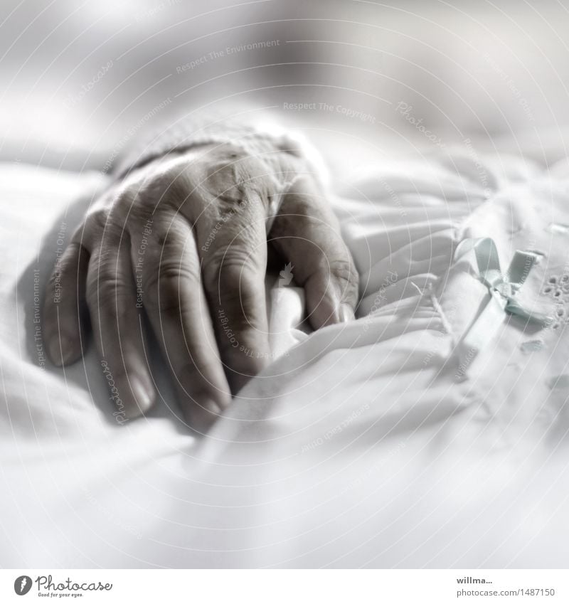 Hand einer Seniorin im Krankenbett Patient Patientin Behandlung Seniorenpflege Alter Krankenpflege Krankheit Krankenhaus Gesundheitswesen Frau Erwachsene Finger
