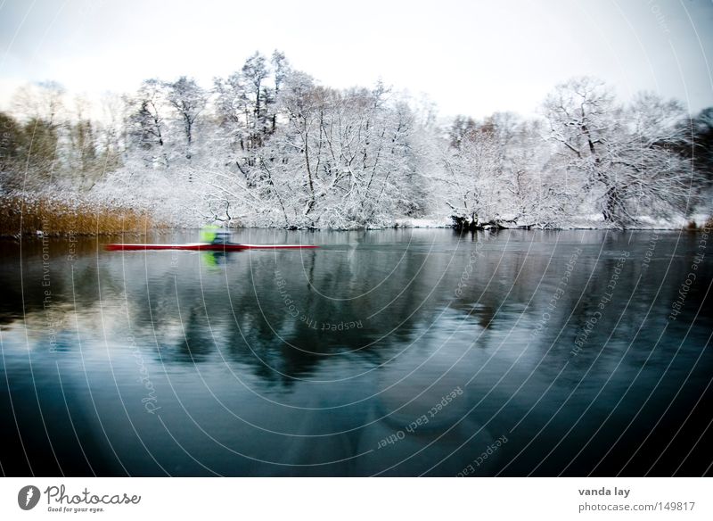 Stockholmer Ansichten Fluss Wasser Gewässer Reflexion & Spiegelung Wald Baum kalt Winter Ruderer Kajak Sportler Bewegungsunschärfe Küste Seeufer Flussufer