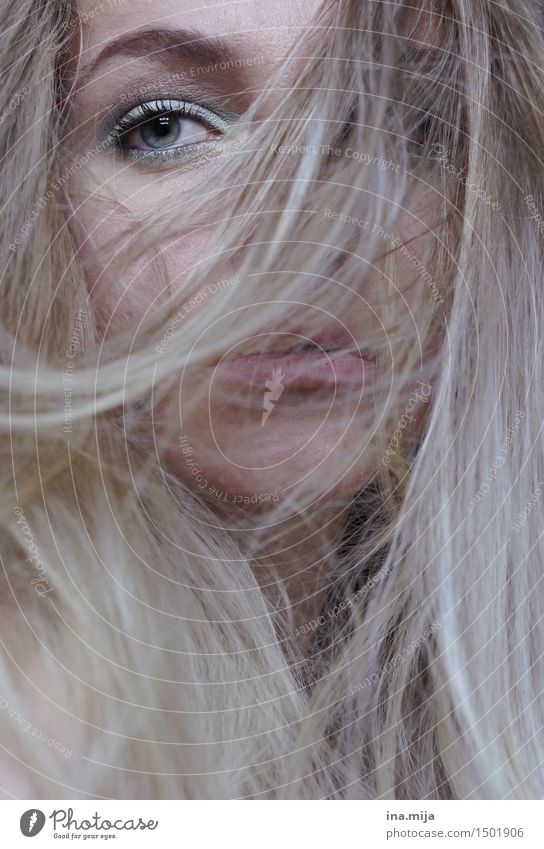 langes blondes Haar verdeckt das weibliche Gesicht, nur ein Auge ist sichtbar Mensch feminin Junge Frau Jugendliche Erwachsene Leben 1 18-30 Jahre