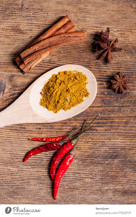 Curry Lebensmittel Kräuter & Gewürze Ernährung Asiatische Küche exotisch gut braun gelb rot Currypulver Zimt Zimtstange Chili Sternanis Anisstern Kochlöffel