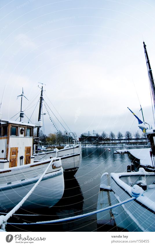 Boote Gewässer Schnee kalt Winter Wasserfahrzeug Stockholm Skandinavien See Seil Schifffahrt Handwerk Hafen Schweden Eis Küste Strommast Feste & Feiern