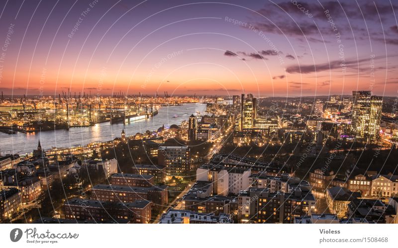 Big City Lights Hamburg Nacht Hafen Lichter Lichtermeer Langzeitbelichtung Sonnenuntergang Elbe beleuchtet Großstadt Dämmerung