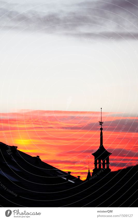 Sonntag. Kunst ästhetisch Dresden Sonnenuntergang Romantik Himmel himmelwärts rot Wärme Sommer Sonnenlicht Dach Turm Verlauf Farbfoto mehrfarbig Außenaufnahme