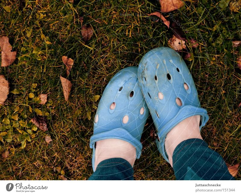 Socken sind Luxus Schuhe Schlappen blau Herbst Garten Gärtner Wiese Blatt Fuß Barfuß Beine Langeweile bloßfüßig juttaschnecke