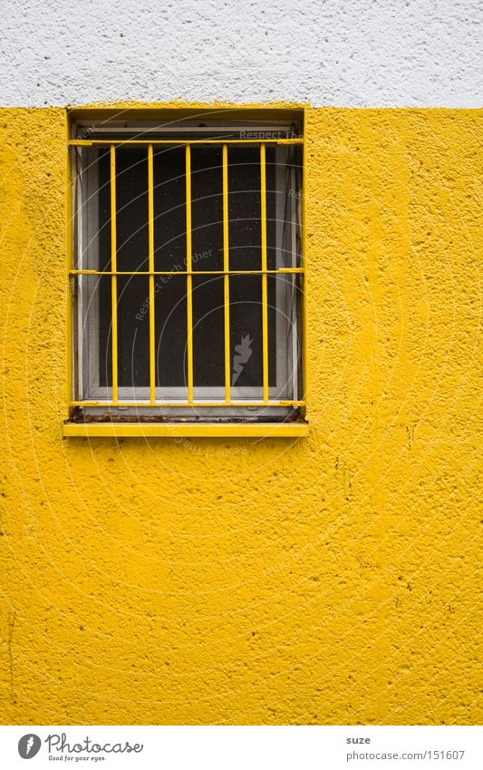 Schwedische Gardinen I Haus Arbeit & Erwerbstätigkeit Gebäude Mauer Wand Fassade Fenster gelb weiß Wachsamkeit Einsamkeit Schutz Trennung Überwachung Gitter