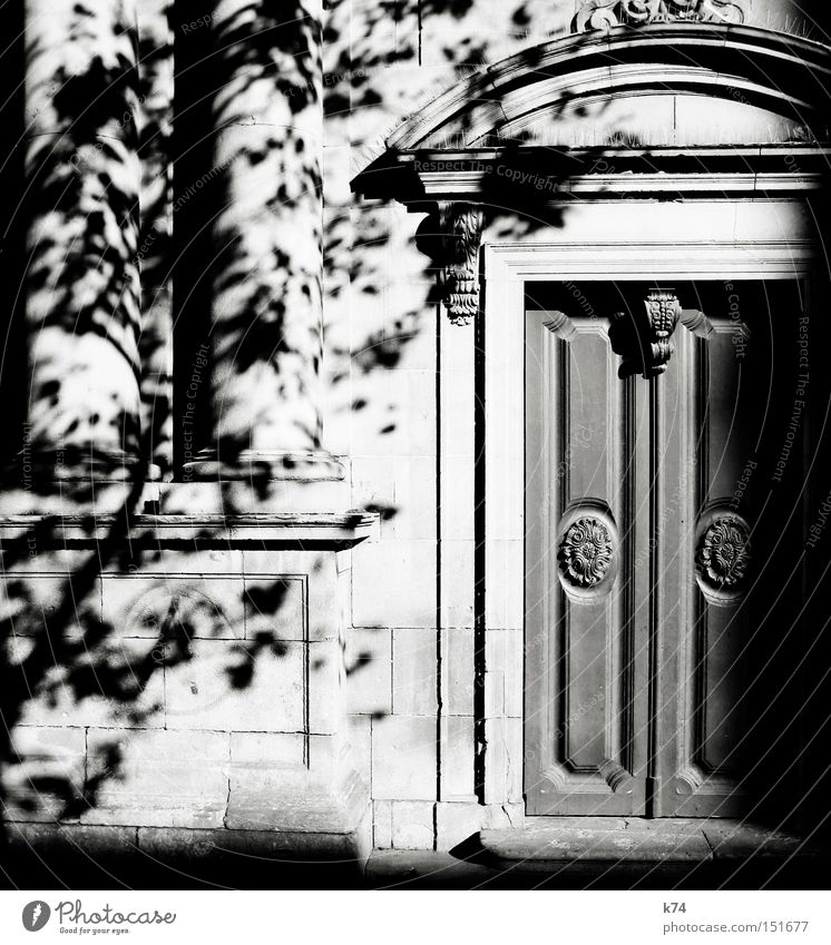 puerta Tür Tor Portal Eingang alt Säule Licht Schatten Baum Holztür Dekoration & Verzierung Schnörkel Architektur Schwarzweißfoto Eingangstür