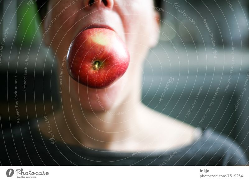Im Großen und Ganzen Lebensmittel Frucht Apfel Ernährung Essen Bioprodukte Vegetarische Ernährung Lifestyle Freude Freizeit & Hobby Frau Erwachsene Kopf Mund 1
