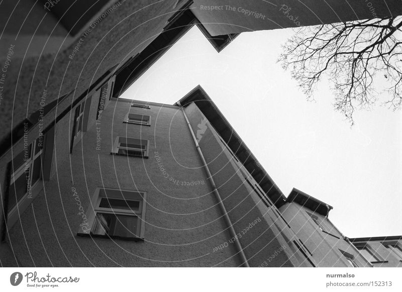 Ekzorzist die letzte 08 Ecke Haus Hof Berlin Potsdam Fenster Hinterhof Treppe analog Dachrinne Himmel Symmetrie Blick trist Etage Architektur Schwarzweißfoto