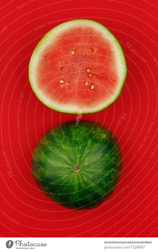 Melone = Sommer Kunstwerk ästhetisch Frucht Obstladen Hälfte Melonen Melonenschiffchen Sommerurlaub Sommerfest Design rot knallig mehrfarbig Kerne grün Hülle