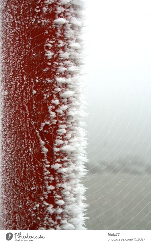 Nicht dran lecken Eisen Frost Kristallstrukturen Schnee kalt Pfosten gefroren rot weiß erstarren Unschärfe Kontrast Winter