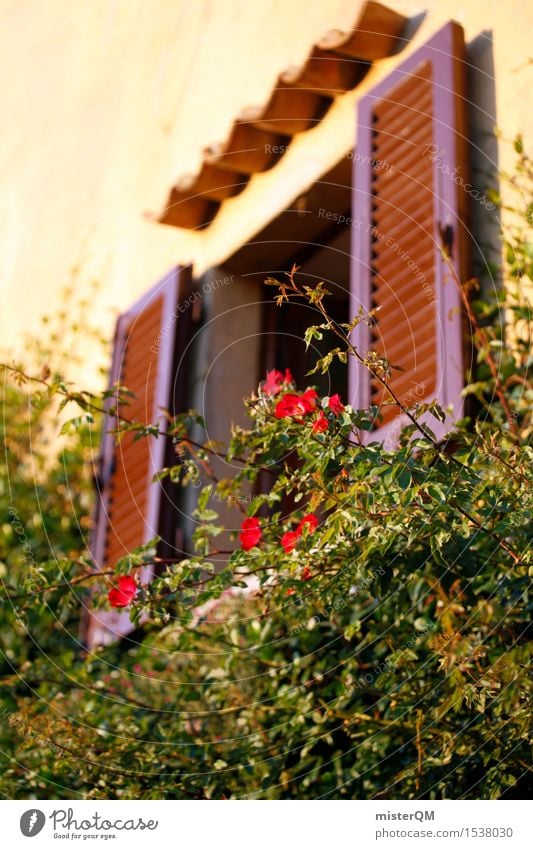 Fenster mit Rot. Kunst Kunstwerk ästhetisch Fensterblick Fensterscheibe Fensterladen Fensterkreuz Fensterrahmen Fensterfront bewachsen mediterran Toskana