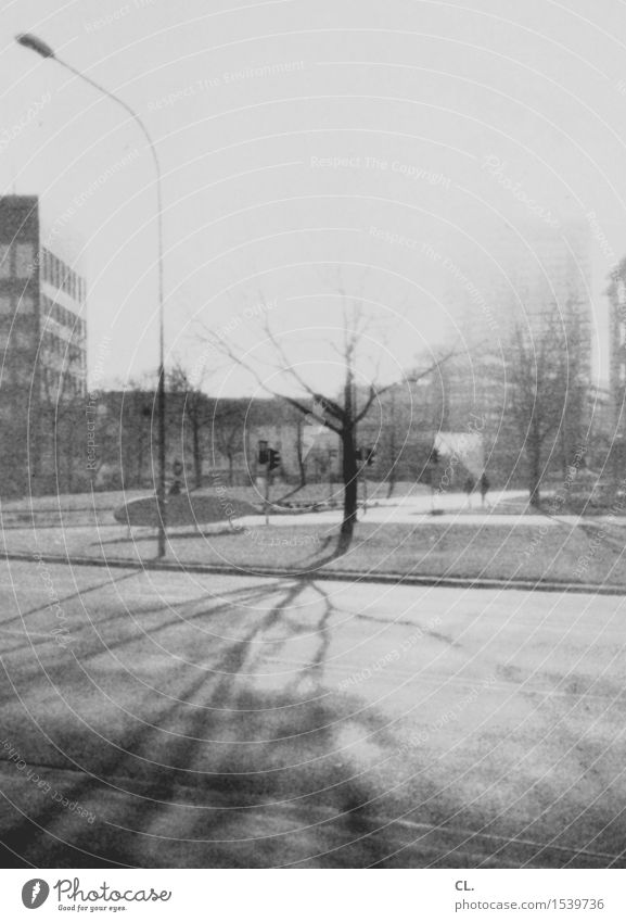 experiment | abgelaufener film Mensch Sonnenlicht Herbst Winter Schönes Wetter Baum Stadt Haus Hochhaus Verkehr Verkehrswege Straße Wege & Pfade Laterne alt