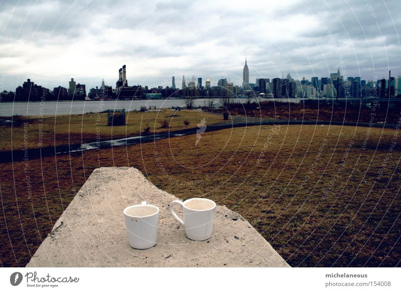 frühstück. New York City Panorama (Aussicht) Kaffee Tassen Frühstück Manhattan Brooklyn East River Wiese Park Ufer morgen Dach Horizont Himmel Herrlichkeit groß