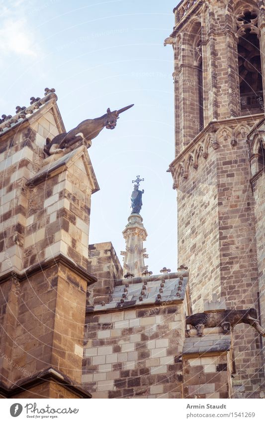 gotische Details Kunst Skulptur Architektur Himmel Schönes Wetter Kirche Dom Turm Mauer Wand alt Barcelona Kathedrale einhorn Patron Religion & Glaube Sandstein