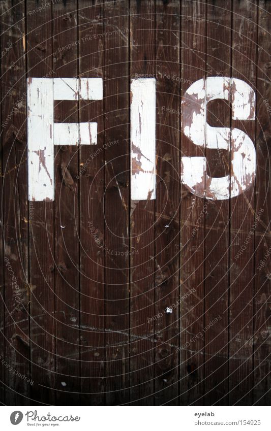 FIS moll Holz Wand Kratzer Schliere Holzwand Buchstaben Typographie Wort Detailaufnahme Schriftzeichen Kommunizieren zerkratzen silbe weiß braun alt gebraucht