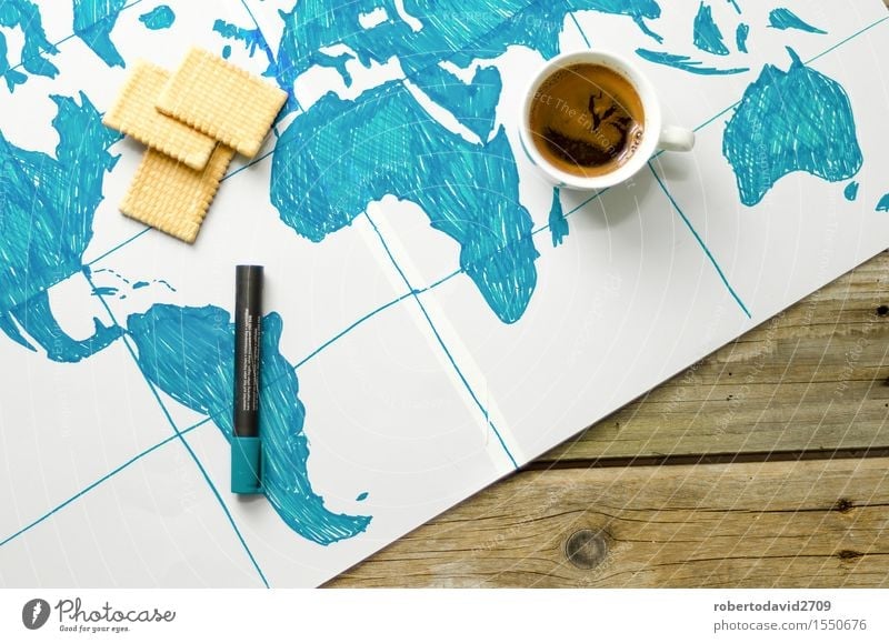 Karte der Welt von Hand auf Papier gezeichnet Kaffee Ferien & Urlaub & Reisen Meer Wissenschaften Business Kunst Erde Schreibstift Holz Globus modern oben retro
