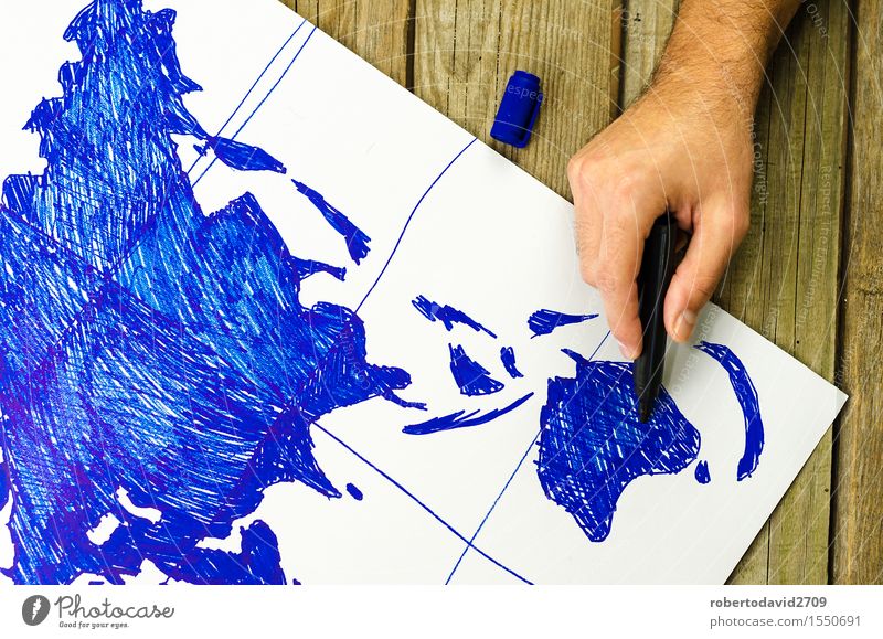 Karte der Welt von Hand auf Papier gezeichnet Ferien & Urlaub & Reisen Business Bildschirm Erde Schreibstift Holz Globus alt retro weiß Idee Lehre ringsherum