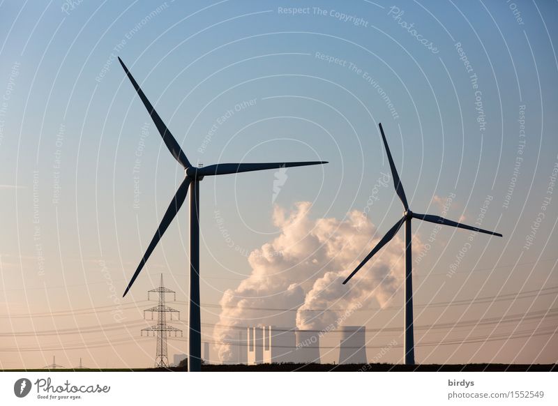Braunkohlekraftwerk Neurath mit Alternativen Energiewirtschaft Erneuerbare Energie Windkraftanlage Kohlekraftwerk Wolkenloser Himmel CO2 Klimawandel Feld