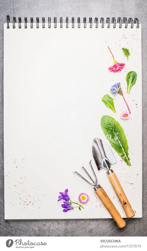 Garten Geräte mit Blumenteile auf leerem Notizbuch . Stil Design Sommer Dekoration & Verzierung Natur Pflanze Frühling Blatt Blüte Papier Zettel Zeichen