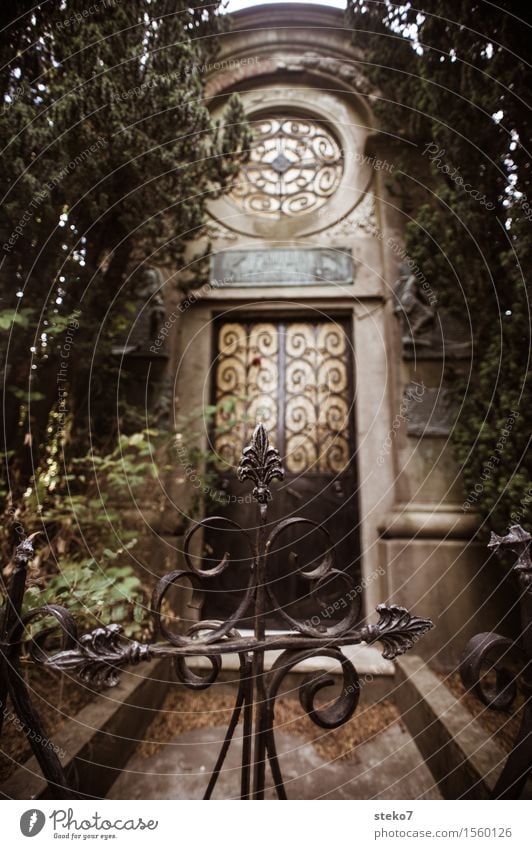 Letzte Tür Krypta Fassade ruhig Trauer Tod Friedhof Tor verziert geschlossen Gedeckte Farben Außenaufnahme Menschenleer