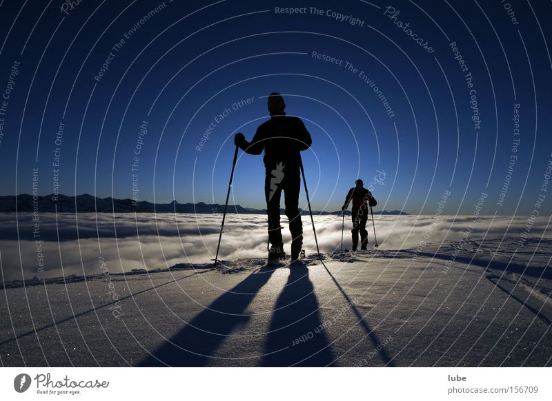 Schattenspiel Skitour Winter Wintersport Nebel Nebelmeer Wolken Skifahrer Gipfel Berge u. Gebirge Klettern Schnee himmelblau Natur Sport Spielen