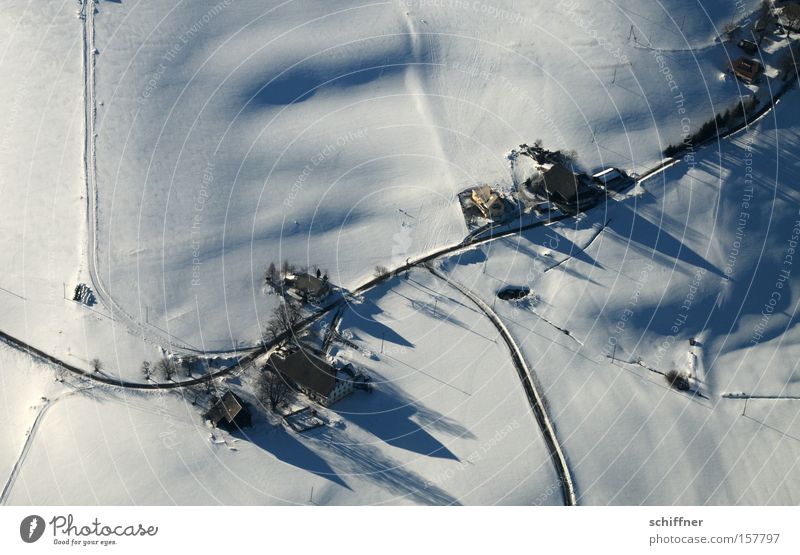 Vogel guckt runter I Schwarzwald Vogelperspektive Schnee Baum Tanne Schatten Haus Straße Winter kalt Mittelgebirge Aussicht Flugzeug Landschaft