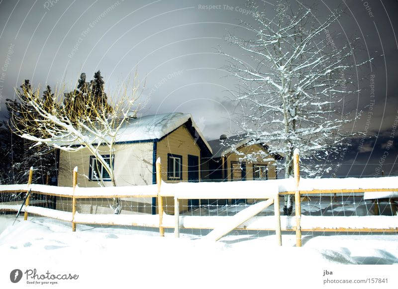 dort drüben... Haus Hütte Zaun Baum Schnee Winter Einsamkeit ruhig Holz Neuschnee Wolken hell Nacht Ast Langzeitbelichtung spukhaft