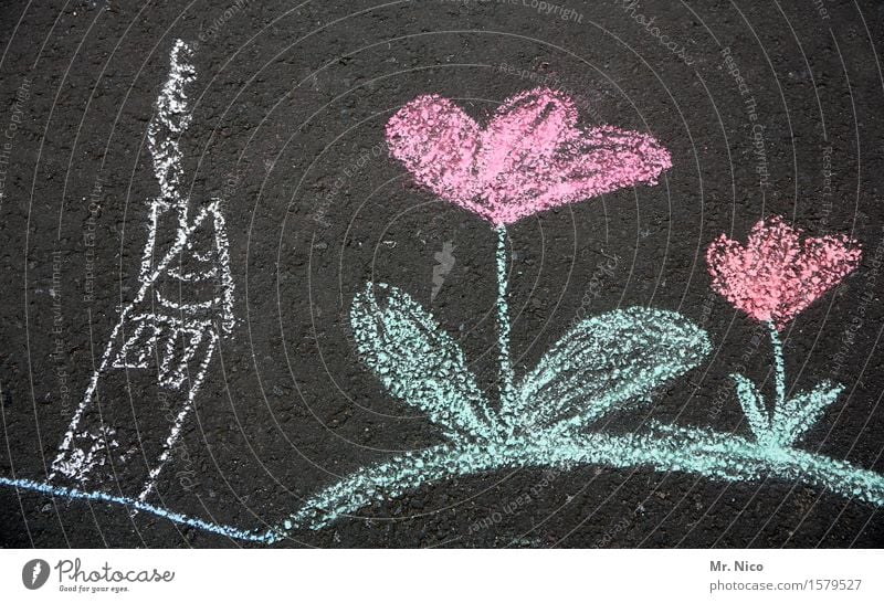 im land der riesenblumen Blume Haus zeichnen Strassenmalerei Comic Kreide Kindheit Straße malen Spielen Freude Kinderspiel Blühend träumen rot rosa Kreativität