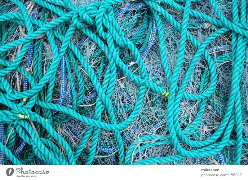 Endlosschleife Seil Schlaufe blau Angelschnur Fischereiwirtschaft durcheinander Knoten gordischer Knoten Netz Fischernetz Handwerk Hafen Schnur