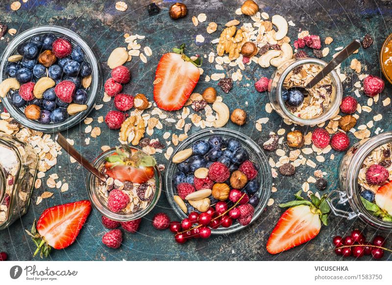 Gesundes Frühstück Zutaten Lebensmittel Frucht Getreide Dessert Ernährung Bioprodukte Vegetarische Ernährung Diät Glas Löffel Lifestyle Stil Gesunde Ernährung
