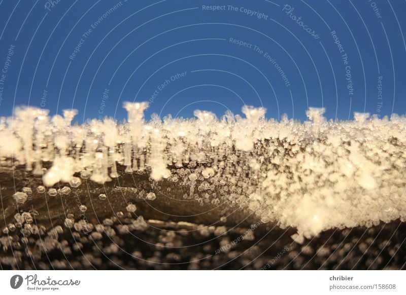 Frostmoleküle Makroaufnahme Raureif gefroren kalt Winter Eis Eiskristall Himmel glänzend blau Nahaufnahme frieren chribier