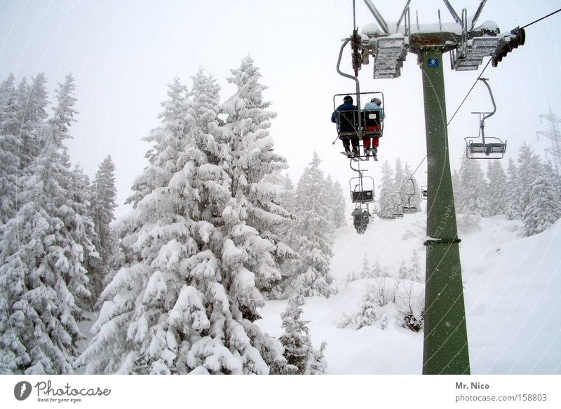 hinterher Sesselbahn Winter weiß Verfolgung Winterurlaub Natur kalt Schweben Jahreszeiten Wintersport Skigebiet Winterwald Schnee snow zweiersessel