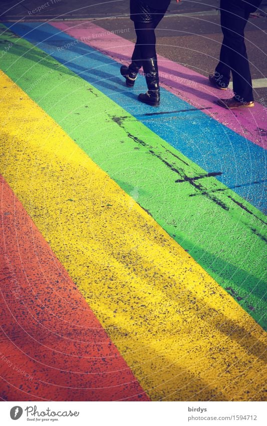over the rainbow Lifestyle Paar 2 Mensch Jugendkultur Straßenkunst Maastricht Verkehrswege Wege & Pfade Zebrastreifen Leder Lack Zeichen gehen ästhetisch