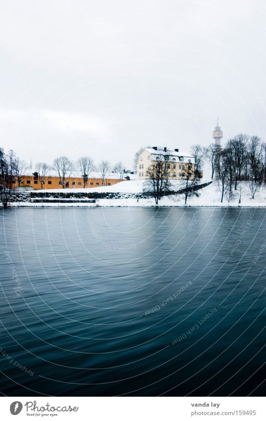 Djurgårdsbrunnsvägen Winter Landschaft Haus kalt See Meer Wasser Fluss Schnee ruhig Einsamkeit Stockholm Schweden Weide Küste Seeufer Flussufer