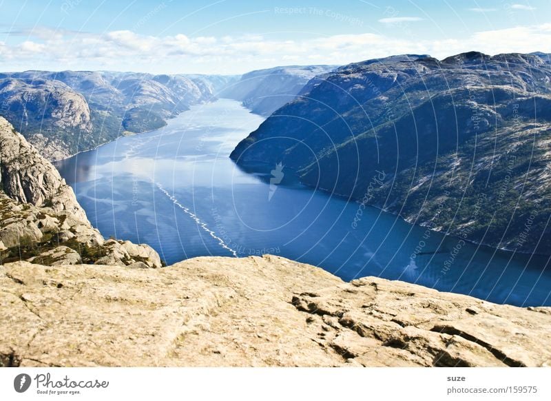 Blick vom Preikestolen Fjord Lysefjord Meer Norwegen Skandinavien ruhig Berge u. Gebirge Einsamkeit blau Küste Berghang Felsen Geröll Wasser frei Freiheit