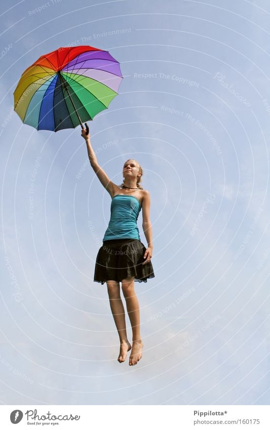 abgehoben mehrfarbig Himmel aufsteigen Regenschirm Schweben Luft unmöglich Freude fliegen