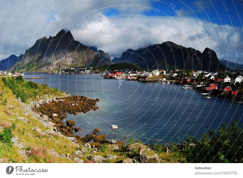 das fischerdorf reine Landschaft Berge u. Gebirge Fjord Spitze Fisch fischerei Meer Blauer Himmel Wolken Sonne Hütte Wasserfahrzeug Lofoten Insel Norwegen