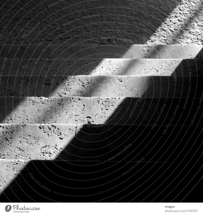 Stufen Treppe Schlaglicht Schatten Sonne Kontrast Lichtblick Streiflicht Beleuchtung Gebäude Architektur Detailaufnahme Schwarzweißfoto Sicherheit Muschelkalk