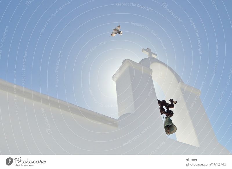gen Himmel Ferien & Urlaub & Reisen Lanzarote Spanien Kirche Kirchturm Glockenturm Taube Kreuz fliegen leuchten ästhetisch blau weiß Gefühle Zufriedenheit