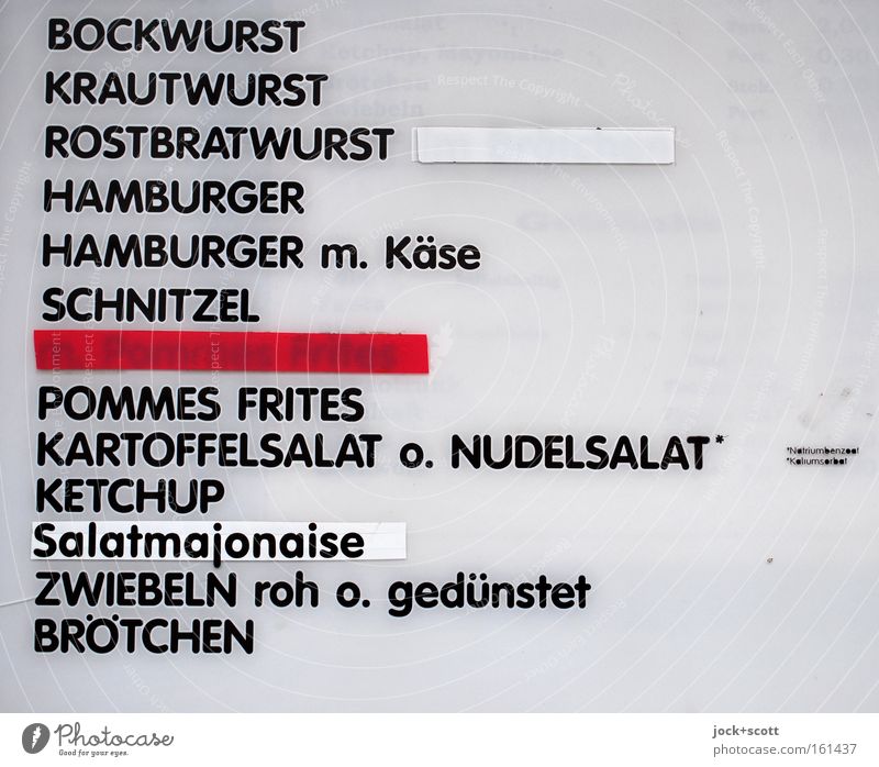 Bitte einmal Schnitzel mit Kartoffelsalat Mittagessen Fastfood Gastronomie Leuchtkasten Schilder & Markierungen Großbuchstabe Wort rot Völlerei Genusssucht