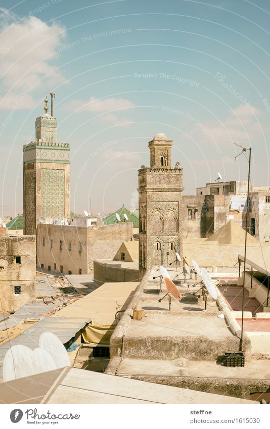 dachlandschaft Skyline trocken Marokko Naher und Mittlerer Osten Arabien Minarett Satellitenantenne Dach Schönes Wetter Ferien & Urlaub & Reisen Fes Farbfoto