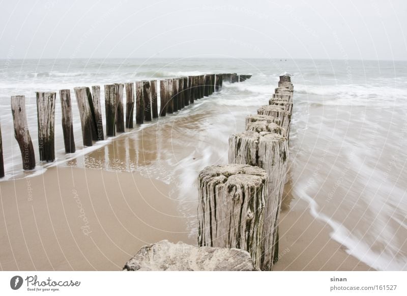 Zeeland, Nordsee Strand Wasser Meer schlechtes Wetter kalt Holz Wellen Sand nass trüb Niederlande Horizont Küste