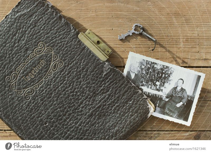 altes Tagebuch mit einem Papierbild Buch Fotografie Schlüssel Holz Netzwerk Memoiren historisch Schmerz Senior Ende geheimnisvoll Nostalgie Vergangenheit