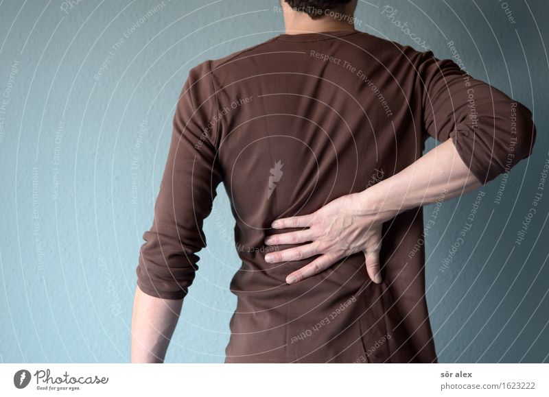 Rückenschmerzen Mensch maskulin Mann Erwachsene Hand 1 30-45 Jahre T-Shirt Müdigkeit Erschöpfung Physiotherapie Schmerz Körperbewusstsein Gesundheitswesen