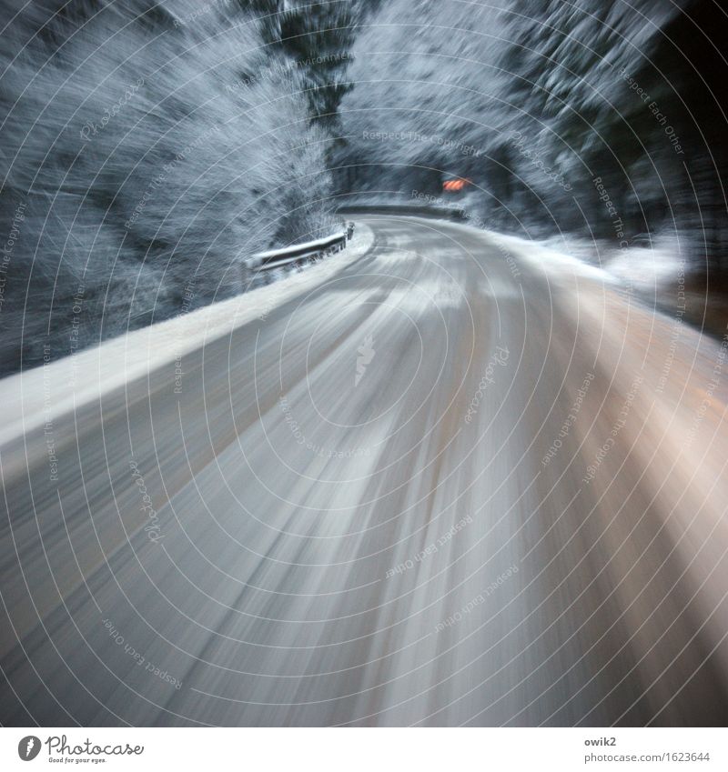 Geschwindigkeitsrausch Winter Schnee Wald Verkehr Verkehrswege Straße Kurve Verantwortung achtsam Wachsamkeit Hoffnung Entschlossenheit Freude bedrohlich