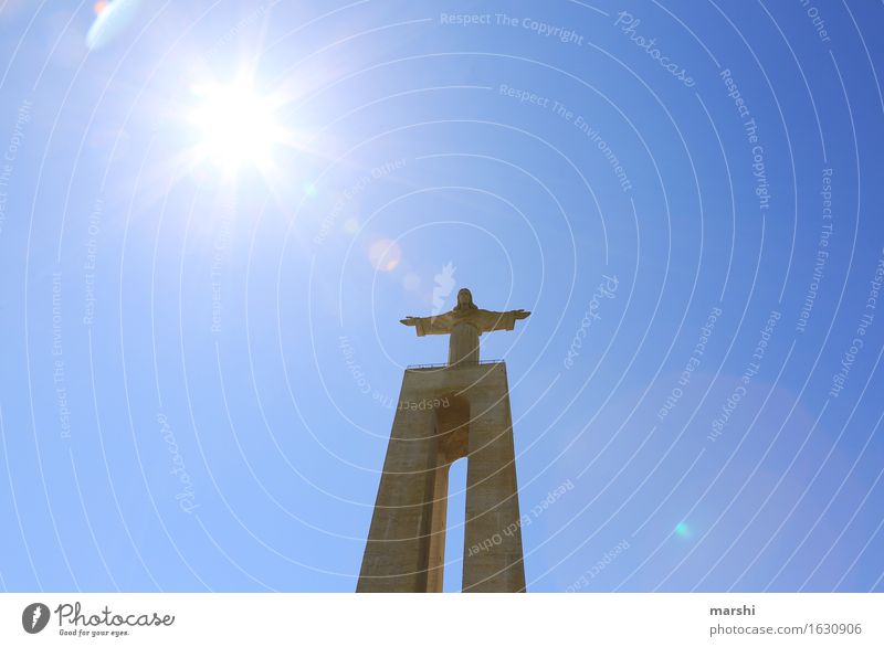 über allem... Religion & Glaube Denken Statue Lissabon Jesus Christus Sehenswürdigkeit hoch Höhe Gegenlicht Sonne hell strahlend Olivenbaum Portugal Christentum